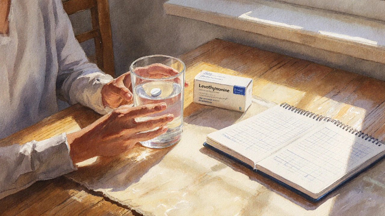 Someone taking Levothyroxine in the morning beside a discreet medication package.