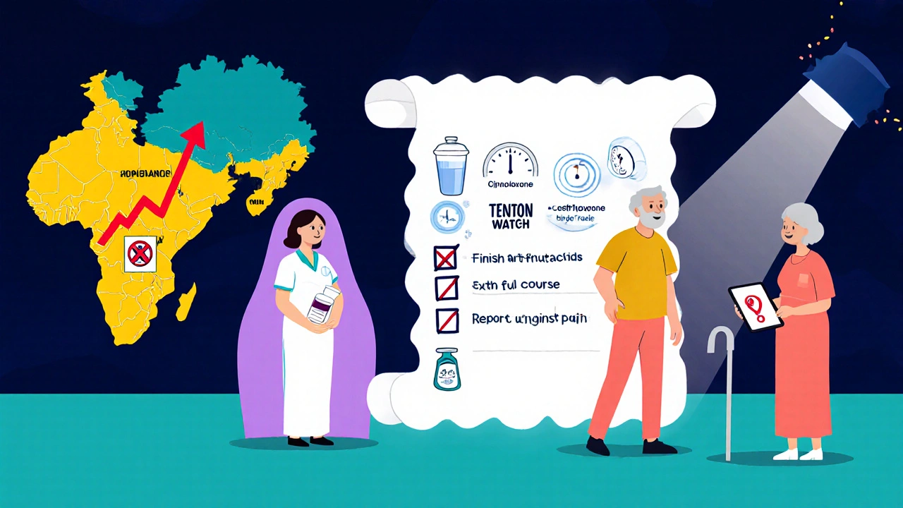 South Asia map with rising resistance arrow, pregnant figure avoiding ciprofloxacin, elderly with hydration bottle, and care checklist.