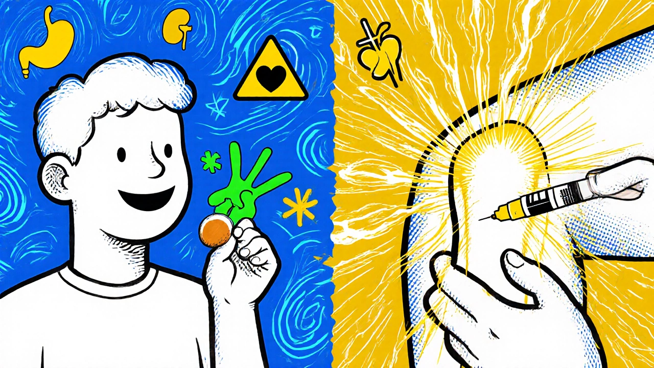 Split cartoon scene showing two gout treatments—NSAIDs and cortisone—with floating health warning icons in vibrant psychedelic style.