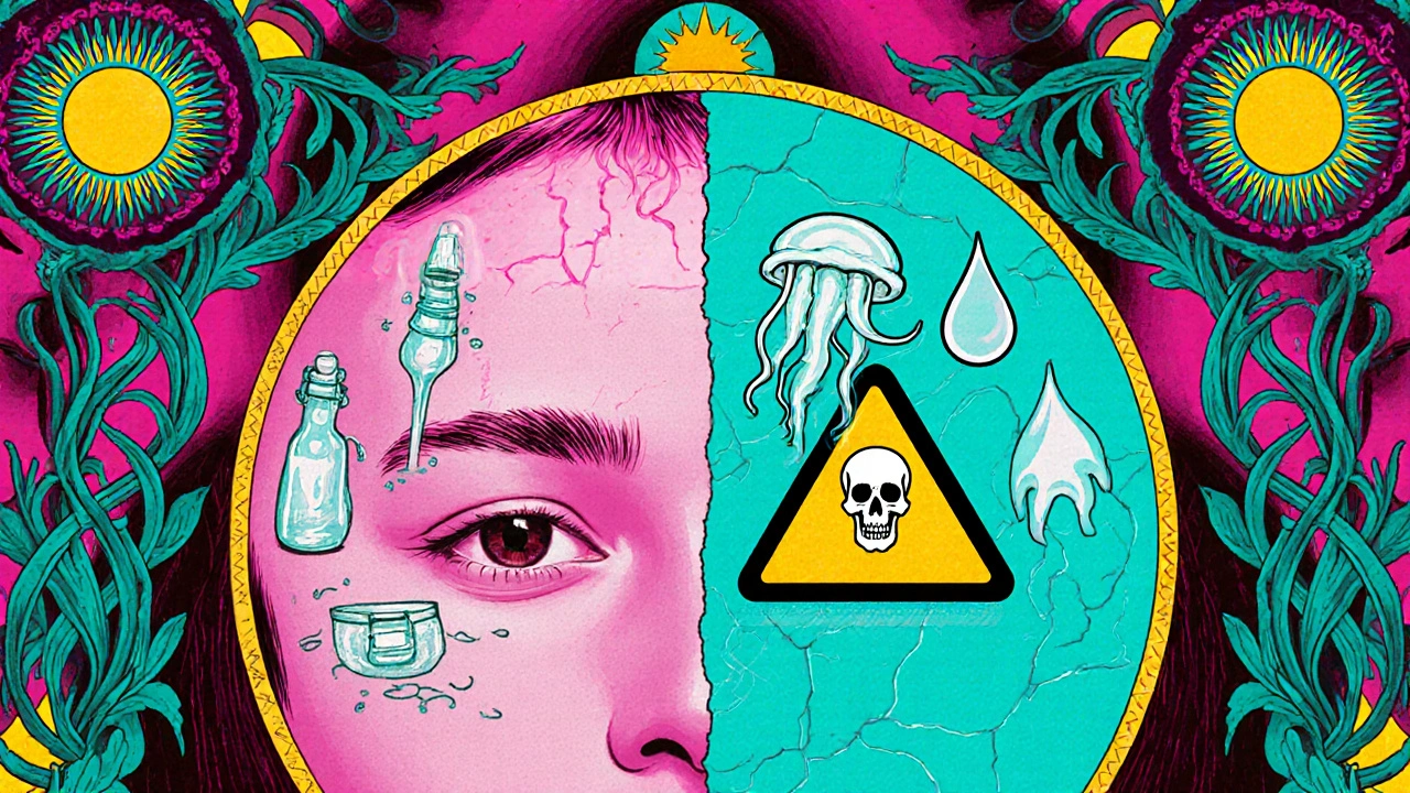 Split-face cartoon showing healthy skin with safe alternatives versus damaged skin from Melacare Forte in vibrant psychedelic style.