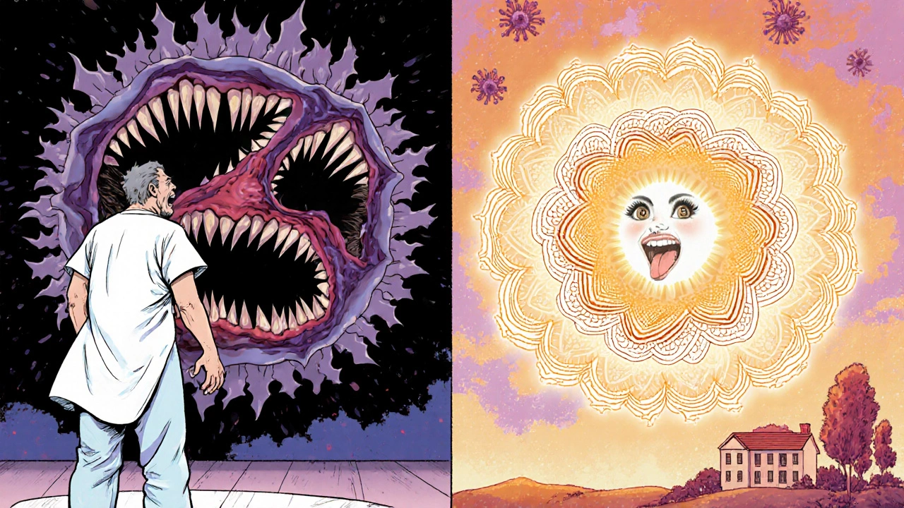 Split image: a fearful patient facing a menacing antibiotic molecule on one side, and the same patient at peace as the molecule becomes a calming mandala on the other.