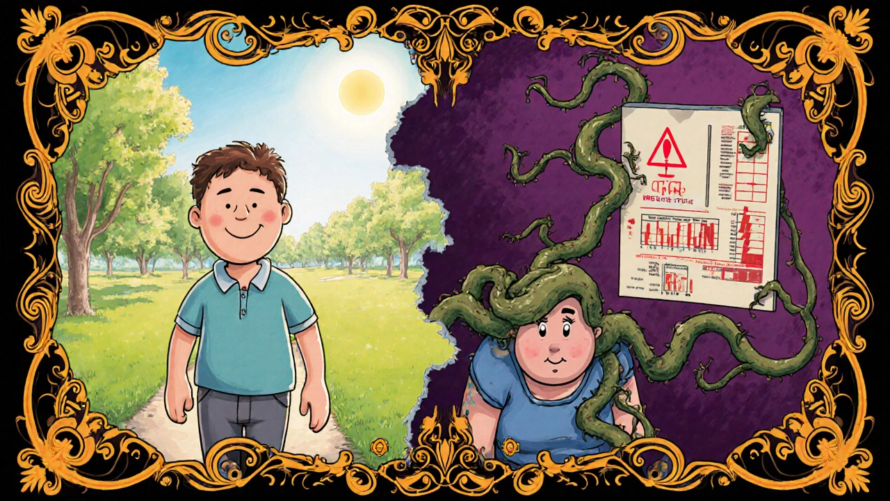 Split image: person free in sunlight vs. same person weighed down by metabolic side effects of medication.