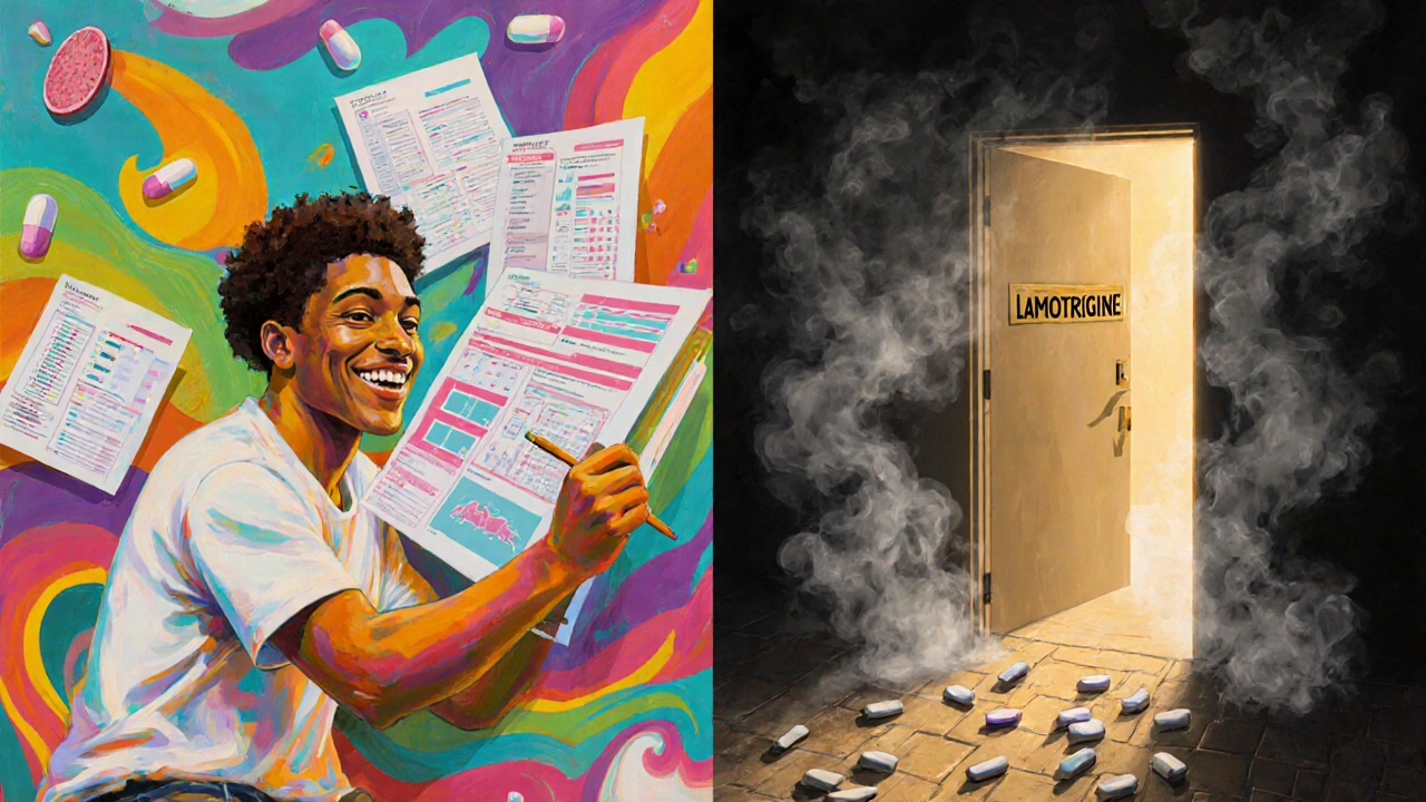 Split scene: a vibrant painter versus a hollow figure in gray, with medical charts and a glowing door labeled &#039;Lamotrigine&#039;.
