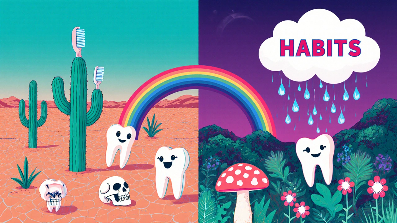 Split scene: dry desert teeth on one side, lush healthy teeth jungle on the other, connected by a rainbow.