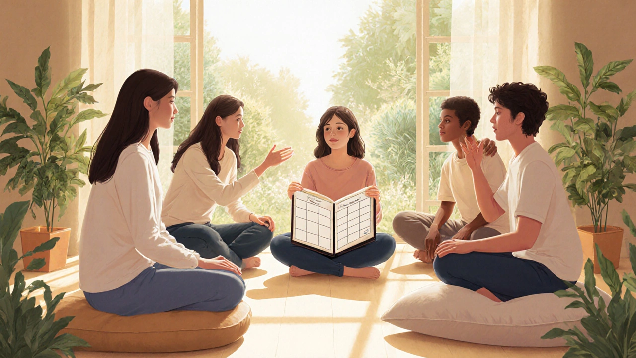 Supportive circle with therapist, woman, and friends discussing options in a bright room.