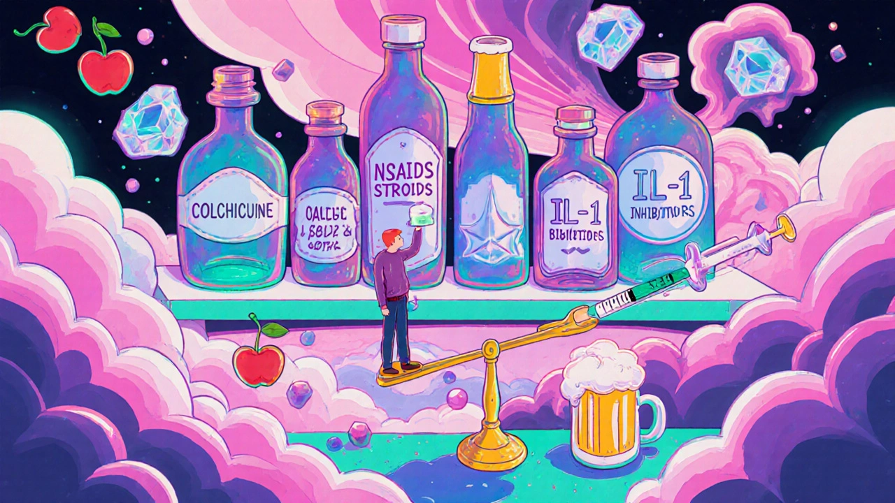 Surreal pharmacy shelf with gout medications glowing in psychedelic colors, a patient on a scale balancing treatment options.