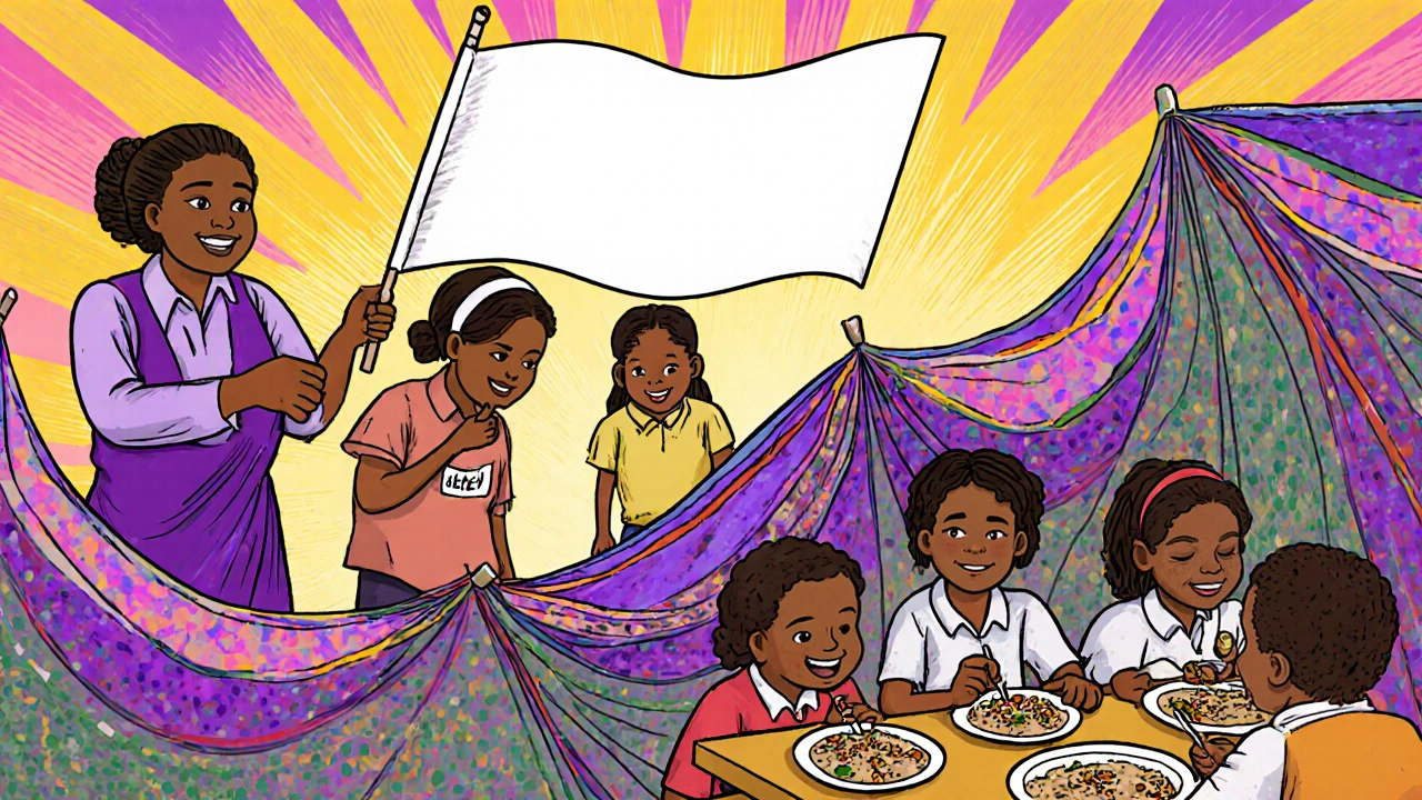 Teachers give nets and nutritious meals to happy children in a vibrant school setting.