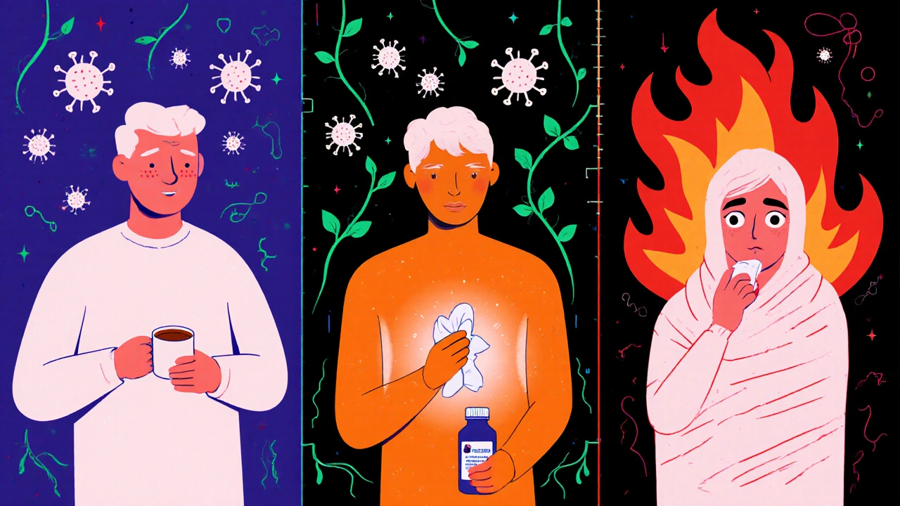 Three figures illustrate low, moderate, and high fevers with colored auras and health symbols.