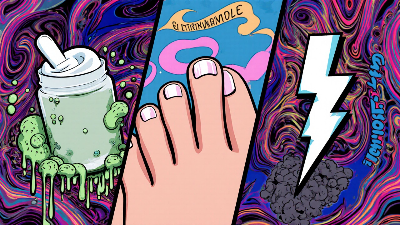 Three fungal infection treatments shown as glowing symbols: clotrimazole, miconazole-hydrocortisone, and terbinafine in psychedelic style.