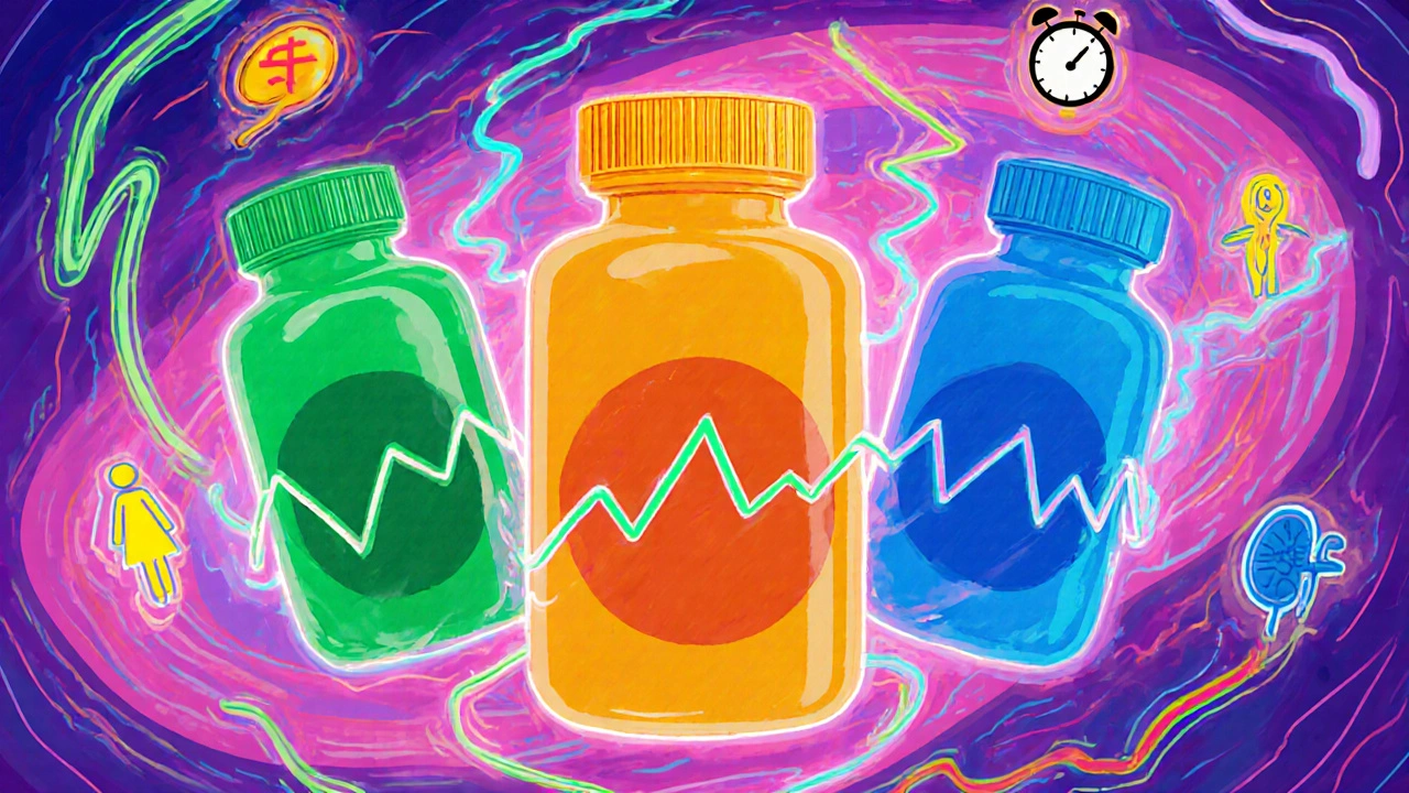 Three macrolide bottles with glowing heart channel ribbons and icons for risk factors, set in a psychedelic swirl.