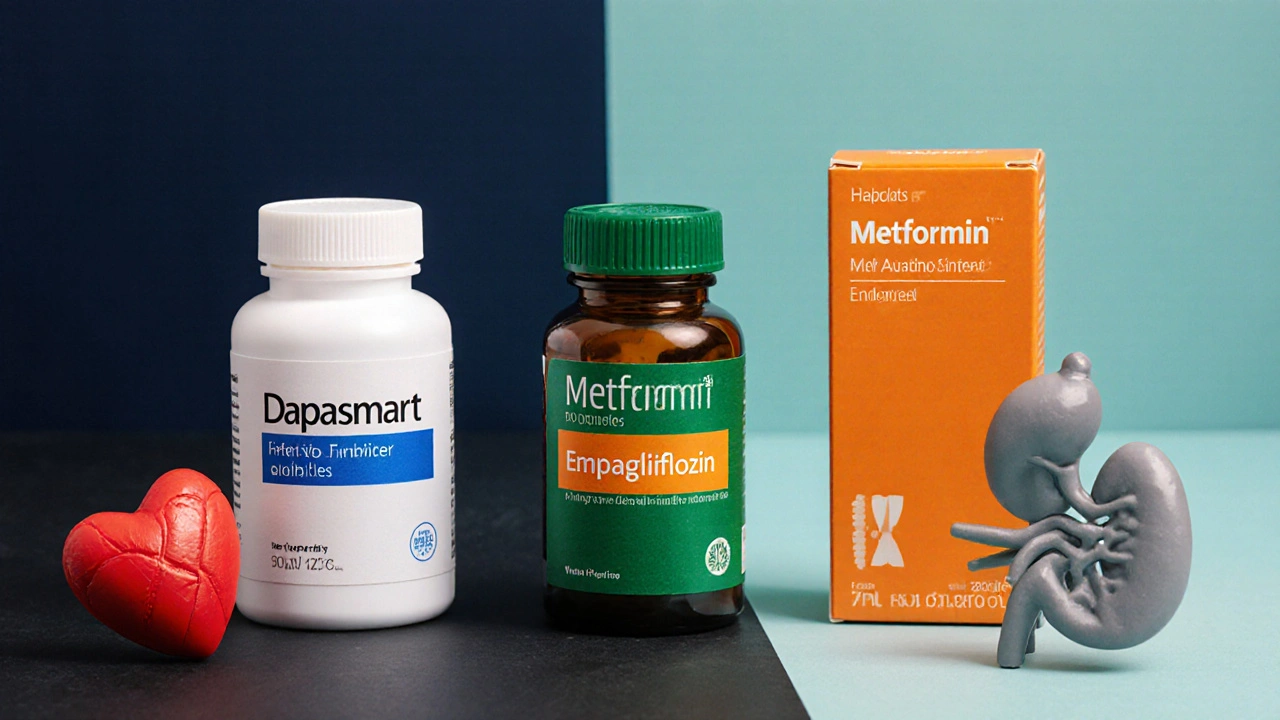Three medication bottles with heart and kidney models illustrating different drug benefits.