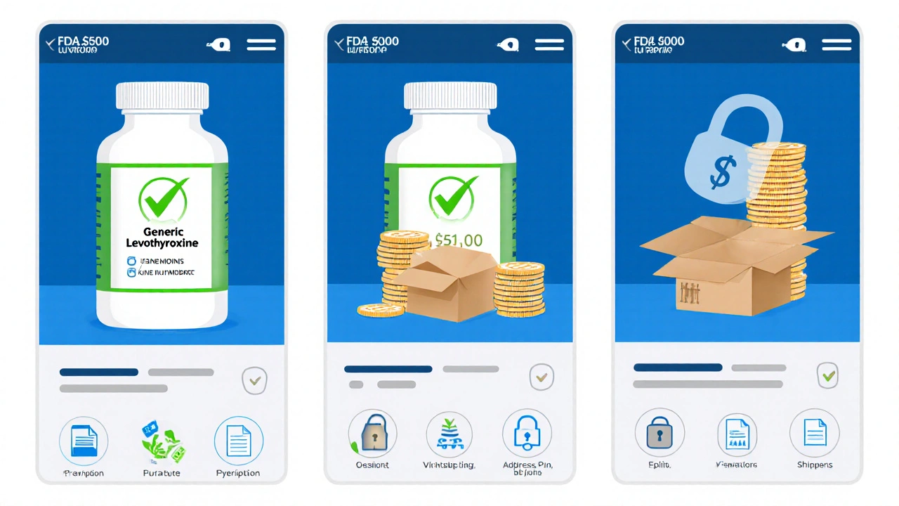 Three online pharmacy screens showing pill bottles, verification icons, and price cues.
