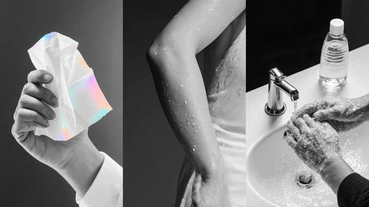 Three-step routine: tissue over mouth, elbow cover, hand washing.