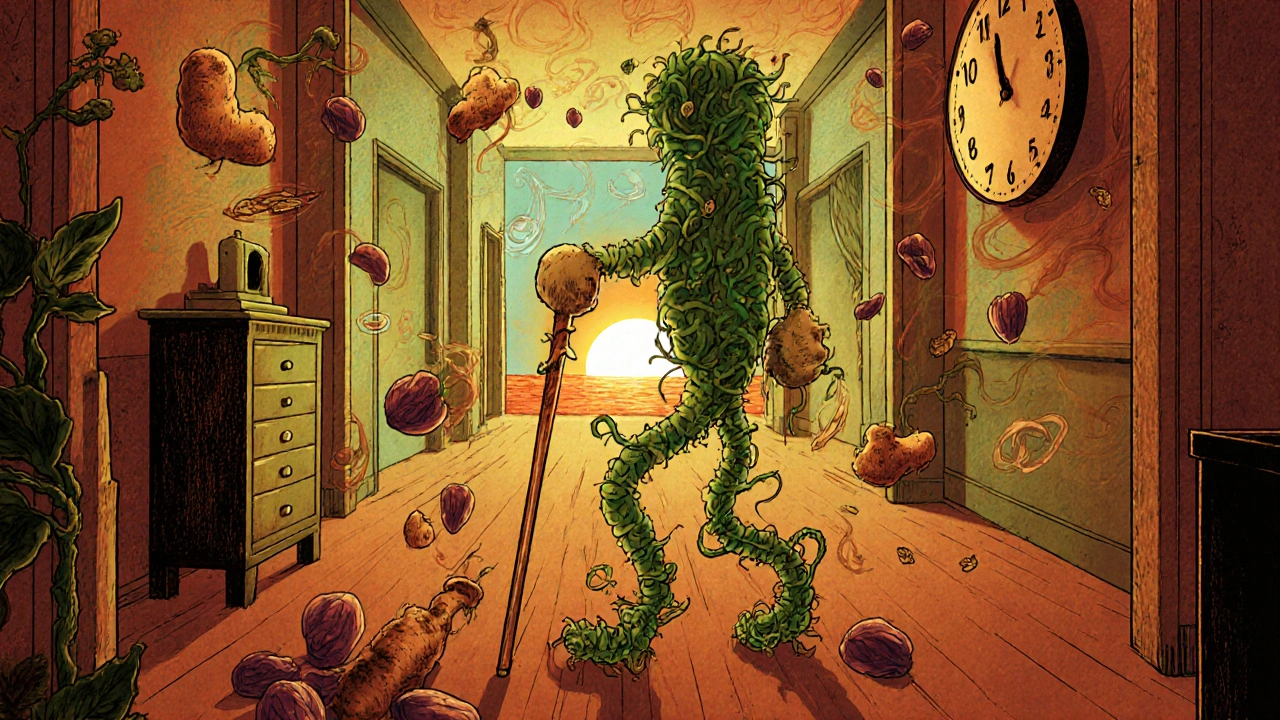 Walking figure holding a ginger cane, moving through a surreal hallway with floating fiber foods.