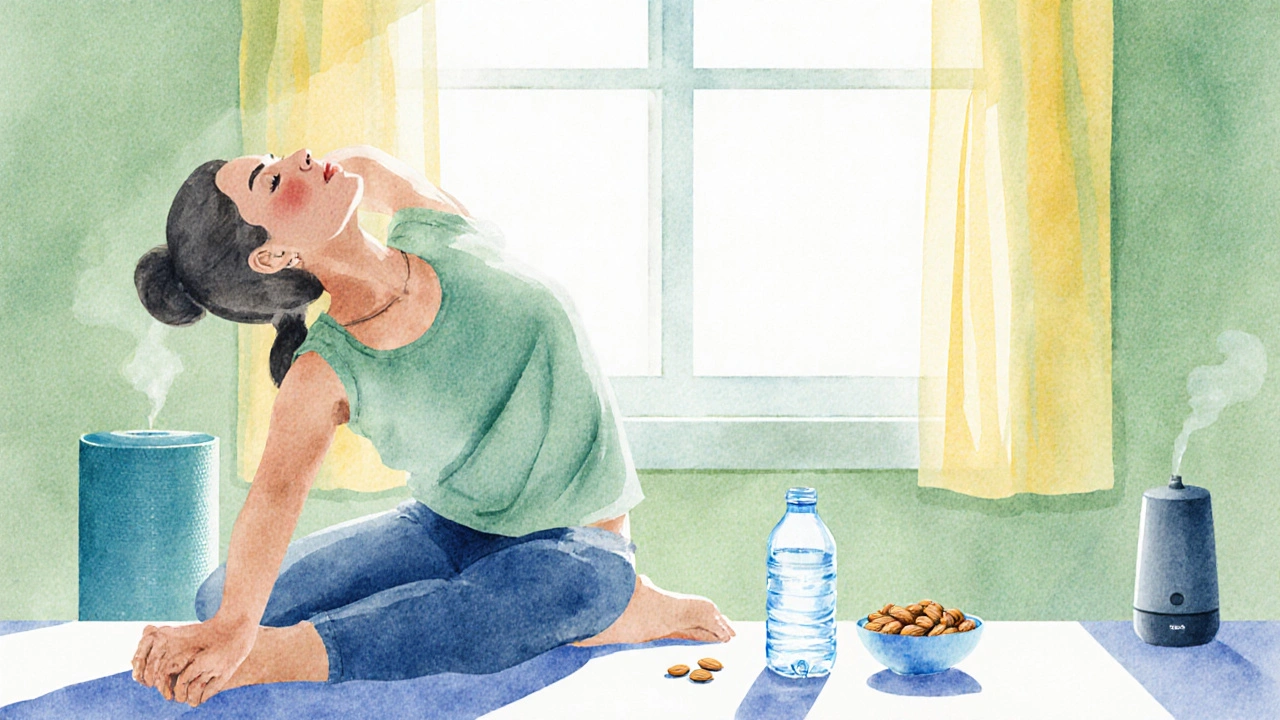 Watercolor scene of someone stretching neck, drinking water, and eating almonds in a bright room.