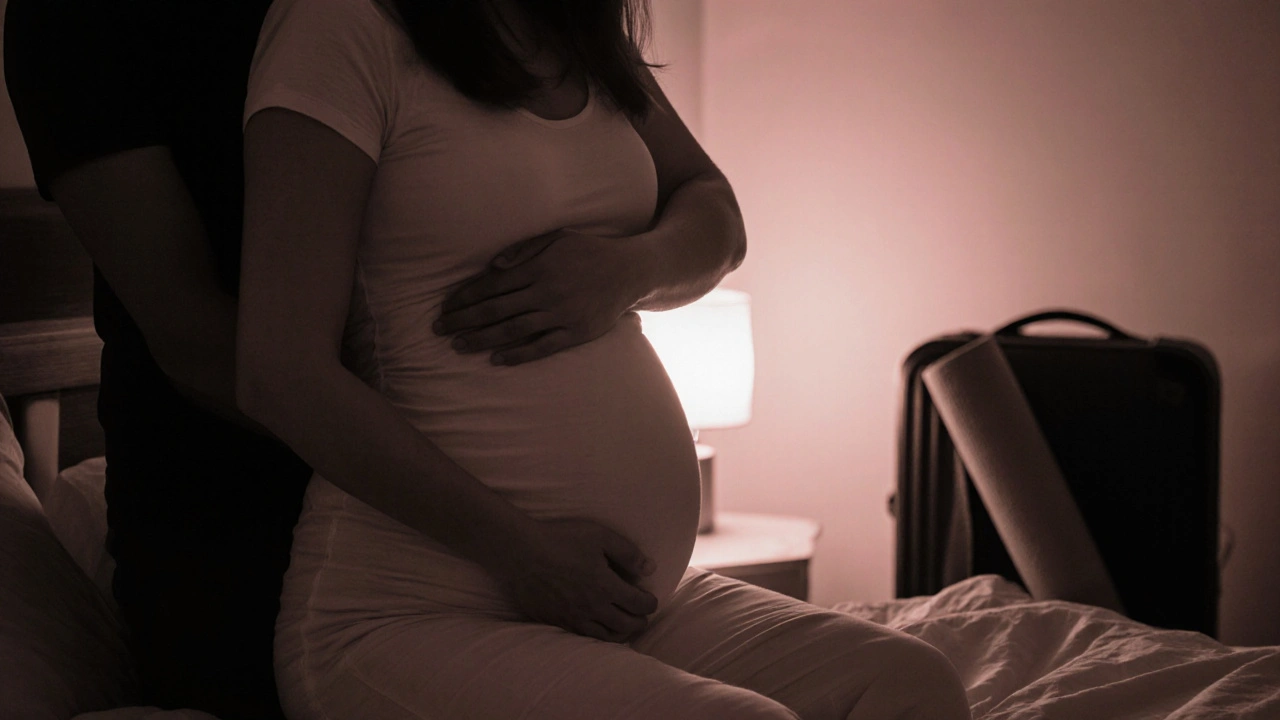 Woman holding her pregnant belly in a softly lit room with a rose‑tinted lamp.