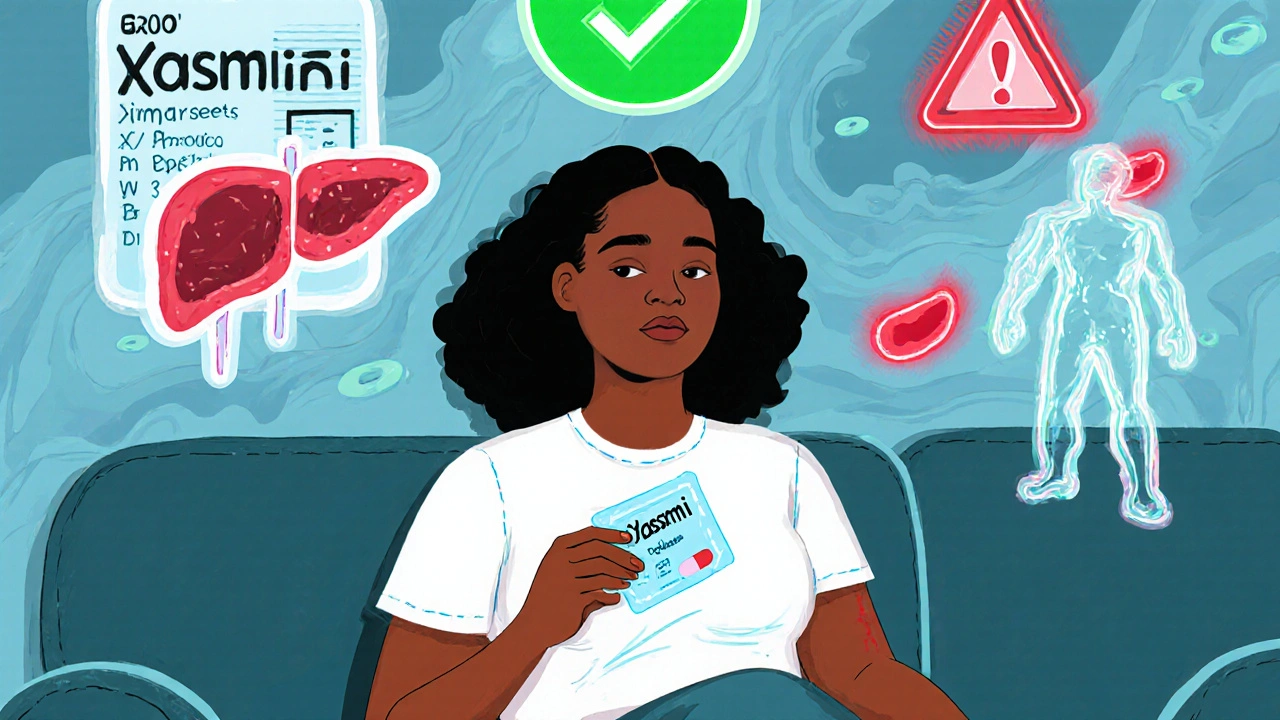 Woman holding Yasmin pill pack with floating medical symbols and warning signs in vibrant psychedelic illustration.