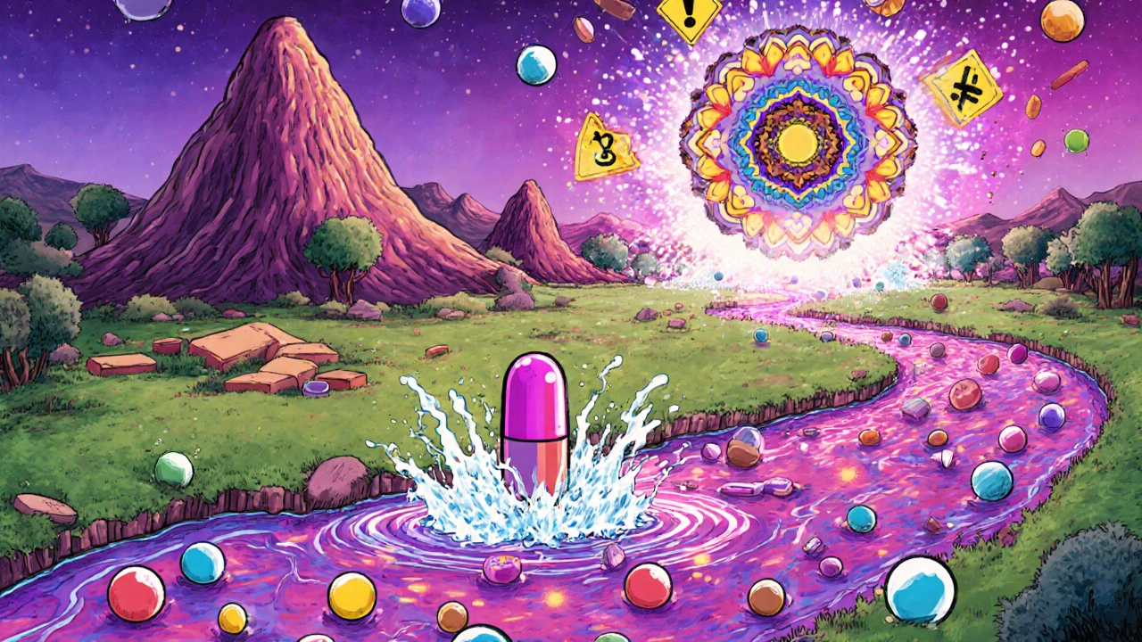 A bloodstream river with drug orbs — large ones cause splashes, small ones flow smoothly in a psychedelic landscape.