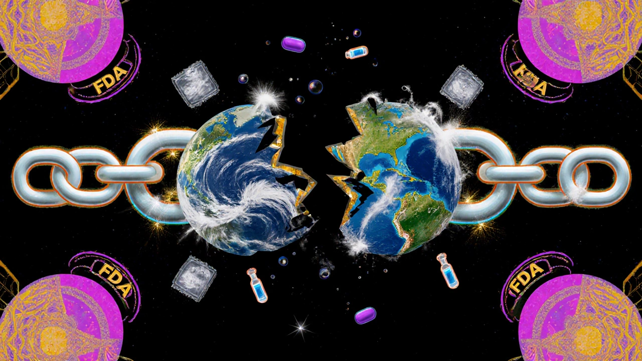 A broken chain of medicine vials collapses over disaster-hit U.S. regions, surrounded by glowing AI and FDA symbols in vibrant colors.
