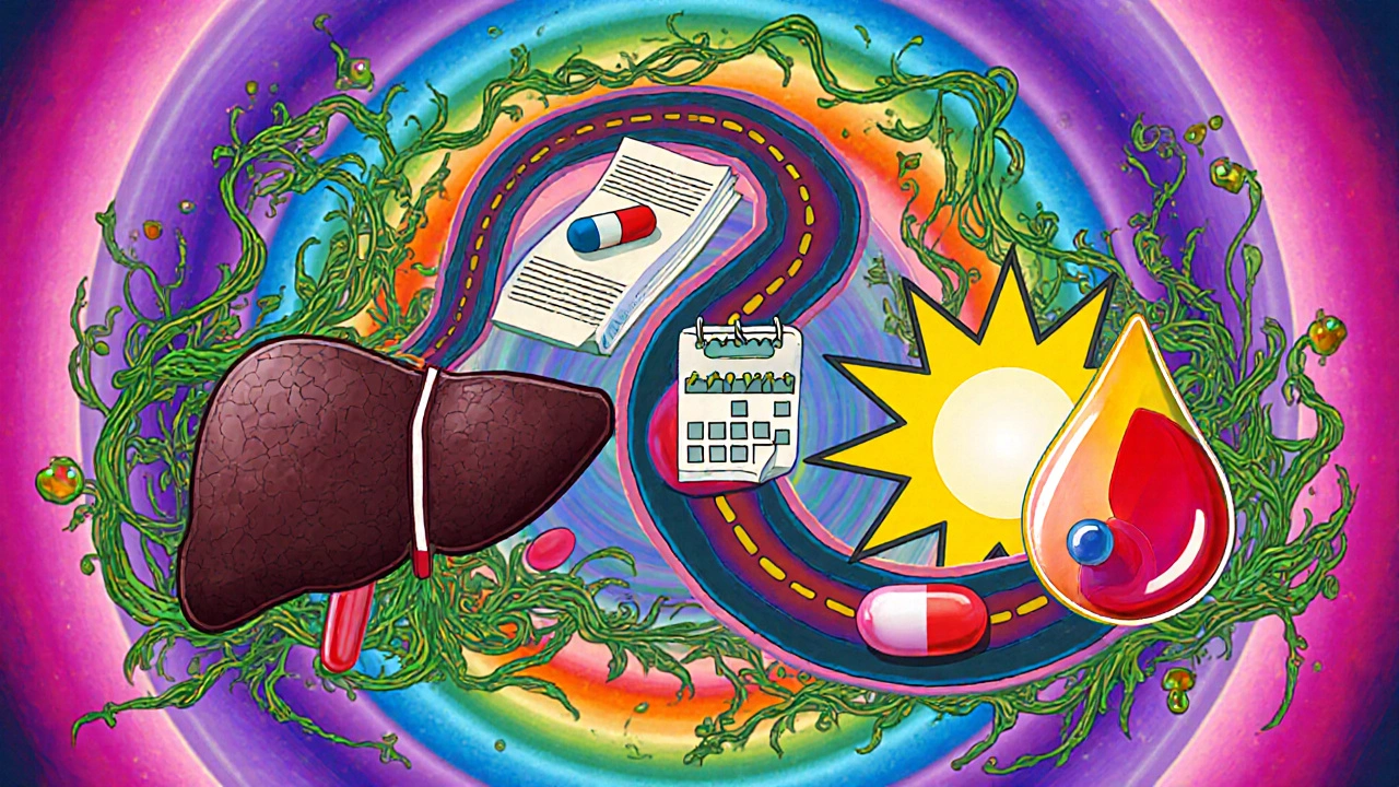 A colorful journey from a damaged liver to a healthy one, represented as a psychedelic path with medical icons.