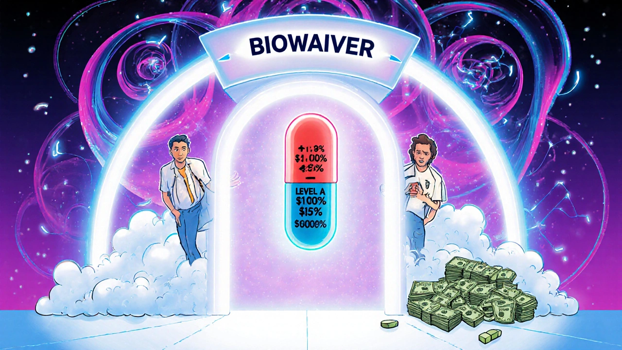 A drug capsule passing through a biowaiver portal as human trials vanish into smoke, replaced by savings.
