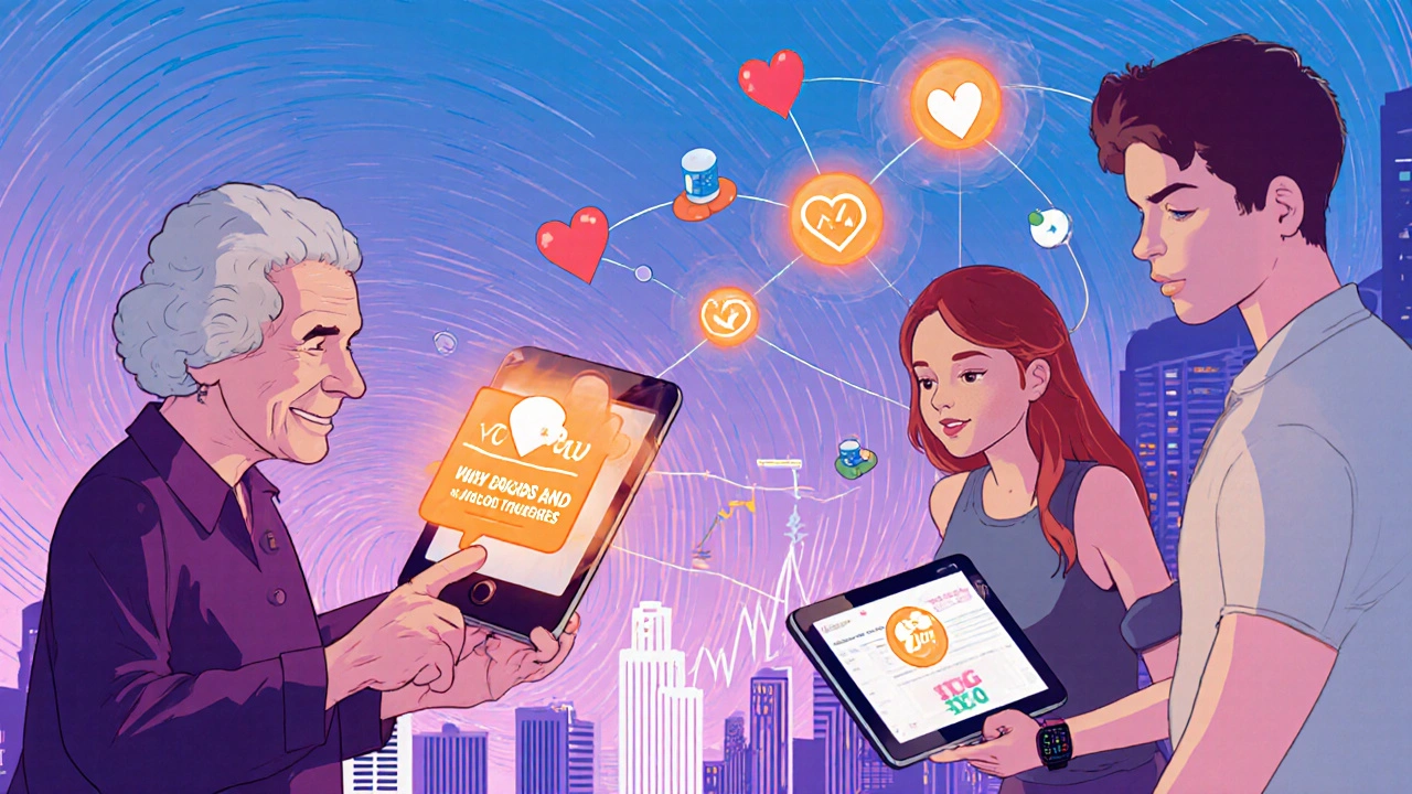 A family network linked by glowing notifications from a grandmother’s phone to relatives’ devices, with health icons floating in the air.