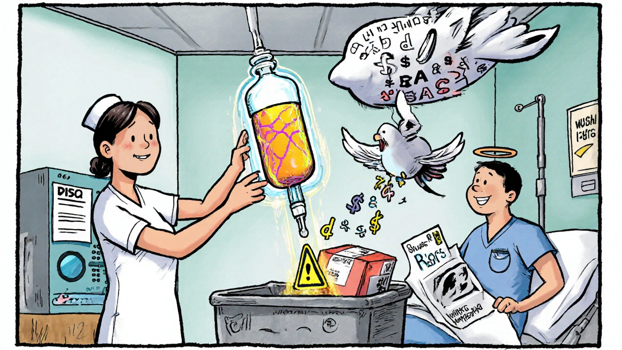 A nurse grabs a glowing RTA IV bag as a winged antibiotic flies out of a chart, turning into a bird that drops dollar signs into a trash can.