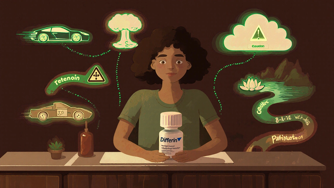 A person holding Differin surrounded by floating representations of alternative acne treatments.