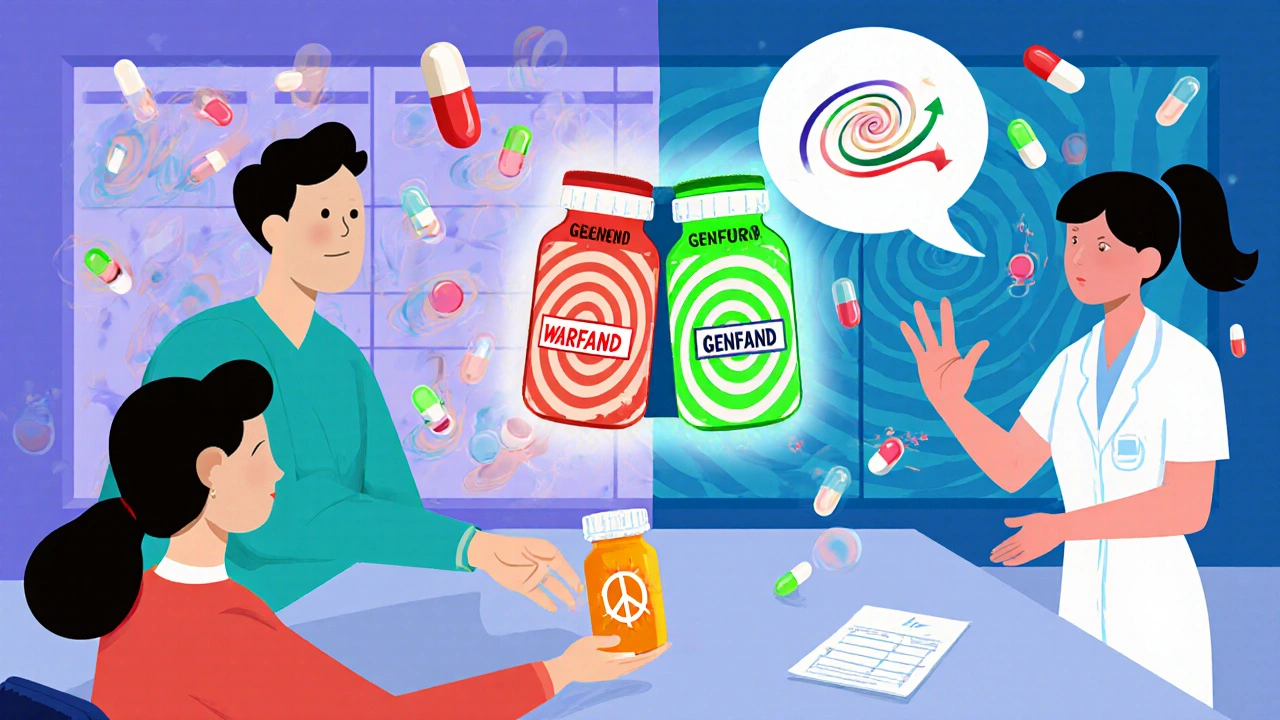 A pharmacist hands a peace-sign pill bottle to a patient, with glowing thyroid and warfarin molecules floating nearby.