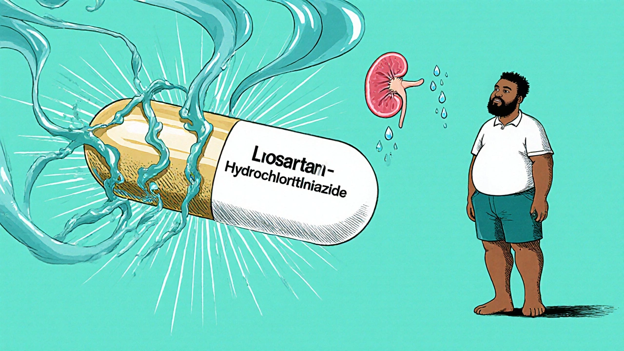 A single combination pill radiating calming energy, showing blood vessel relaxation and kidney drainage.