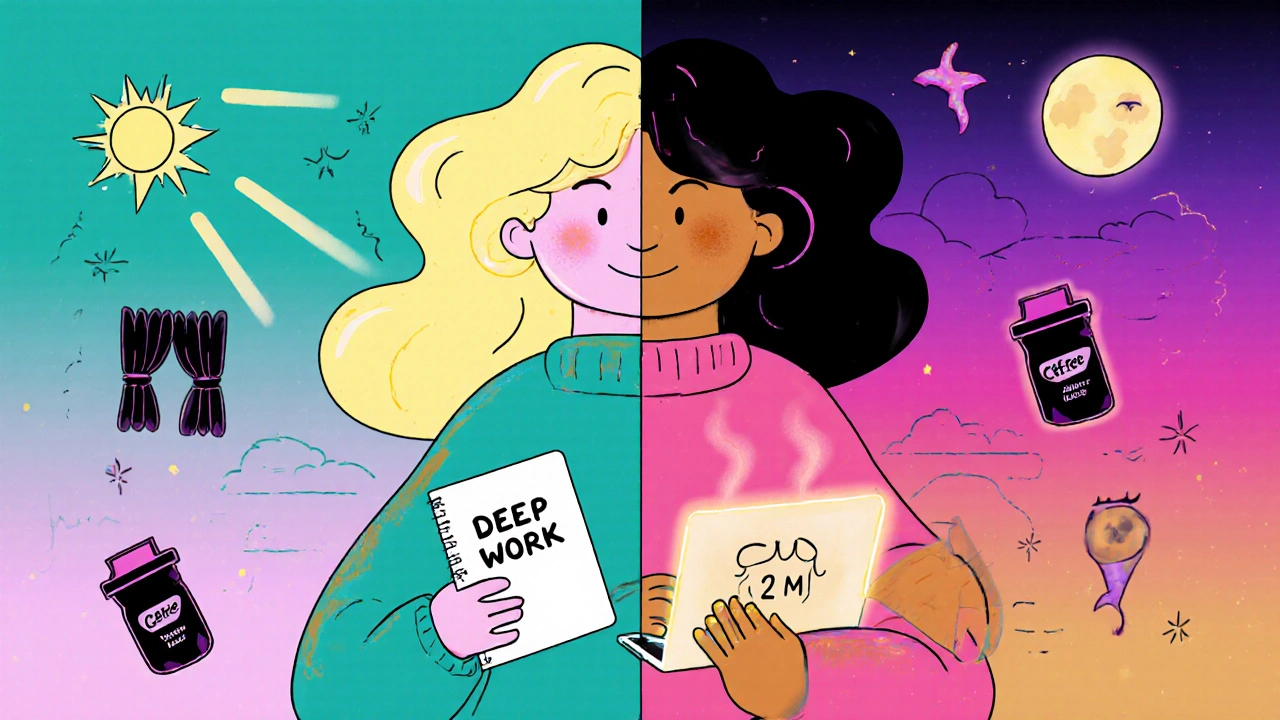 A split-personality figure with morning and night halves, surrounded by light therapy and caffeine icons in swirling colors.