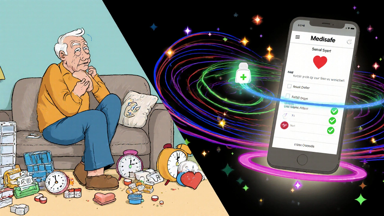 An elderly person transformed from confusion to calm, connected by glowing streaks to a medication app interface.