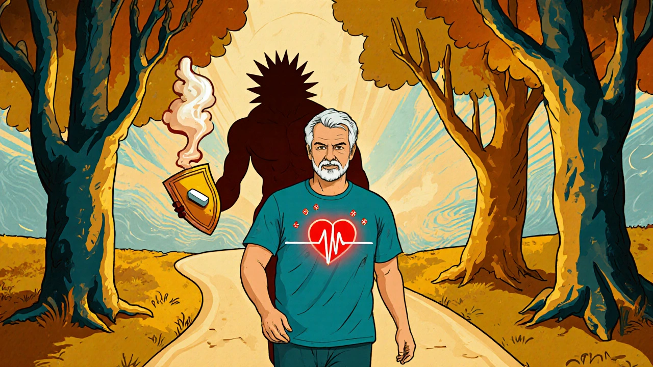 An older man walking as aldosterone fades away, with eplerenone as a protective shield and heart-shaped sweat droplets.