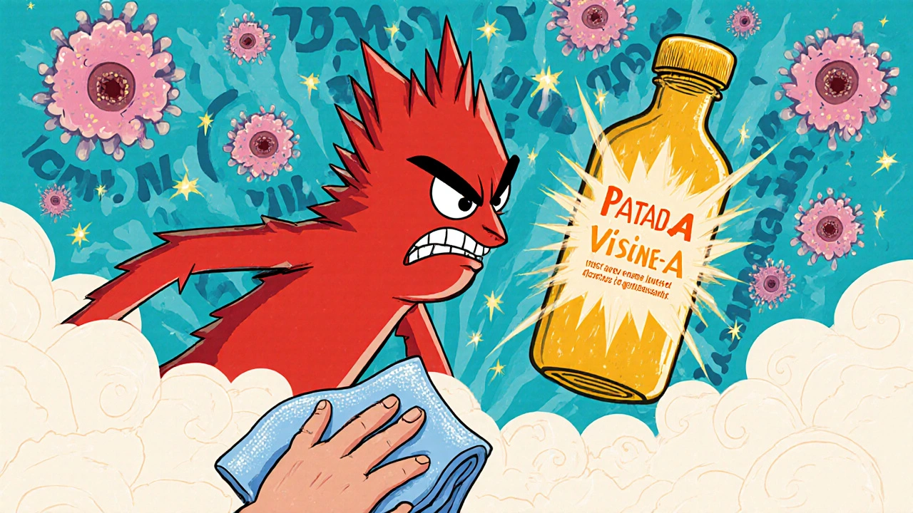 Battle between redness-relief bottle and antihistamine drop with mast cells calming