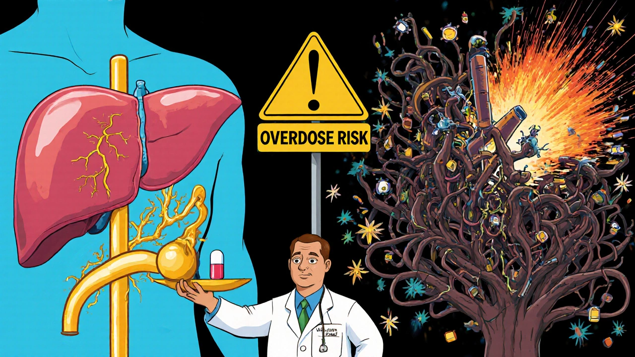 Contrasting healthy and damaged liver with gut toxins and toxic metabolites, illustrating opioid risks in liver disease.