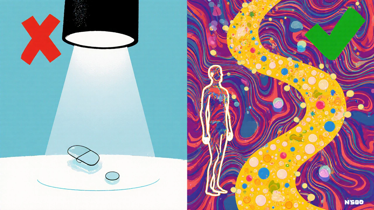 Contrasting lab scenes: plain water vs. biorelevant gut fluid, with one failing and one succeeding in drug release.