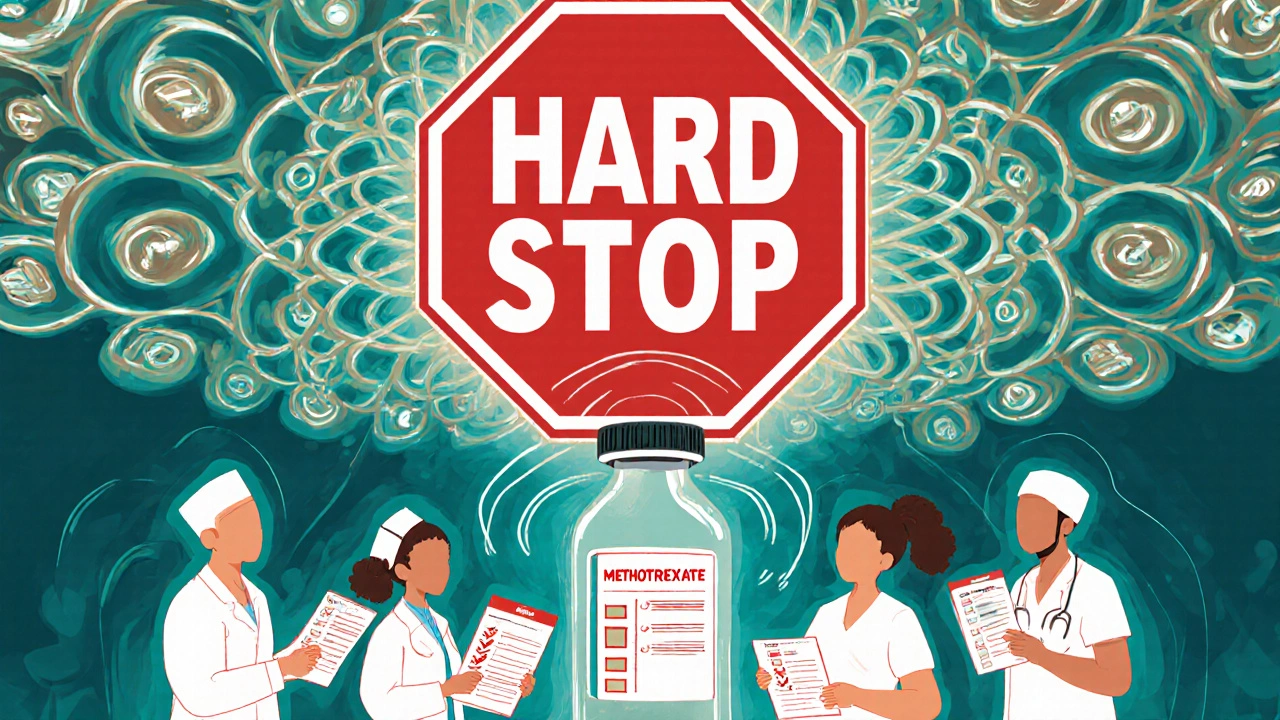 Healthcare team shares safety checklists in a circular huddle under a kaleidoscope of medical icons.