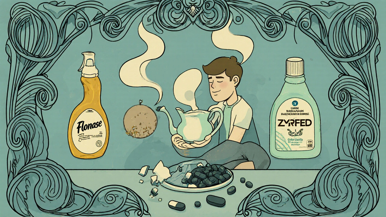 Man using neti pot with safe alternatives glowing, dangerous pills falling away