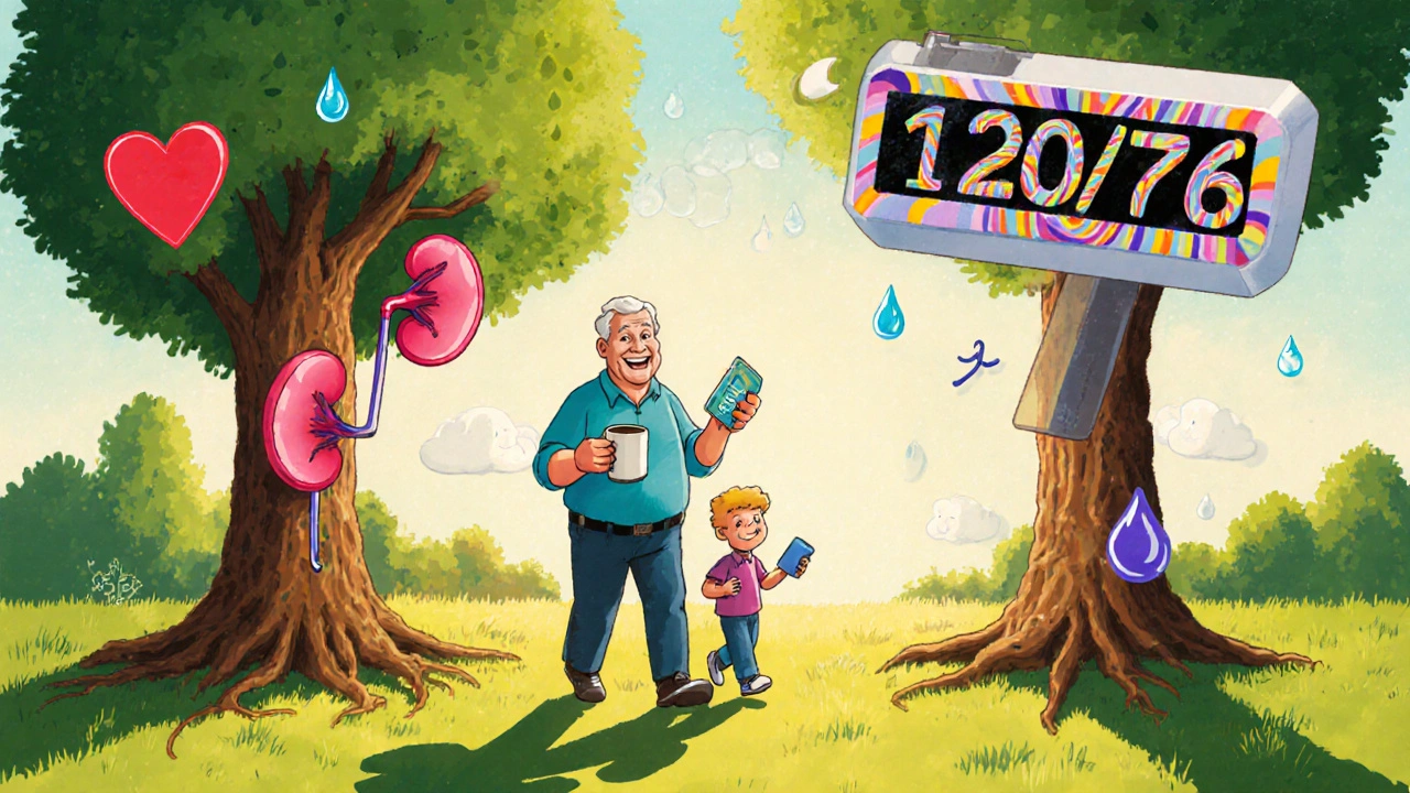 Man walking in park with grandchild, healthy blood pressure reading floating above, symbols of wellness around him.