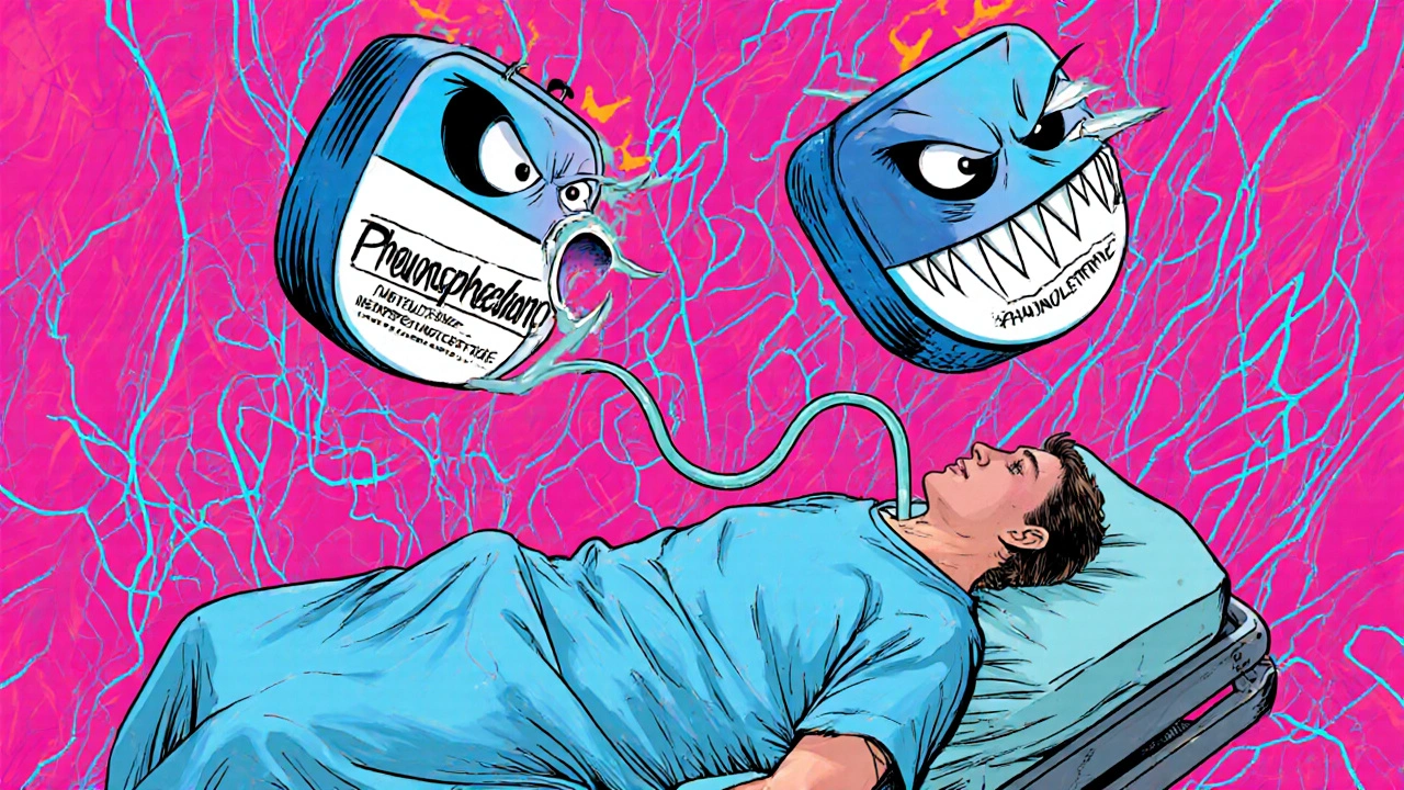 Man with catheter surrounded by menacing decongestant pills in vibrant swirls