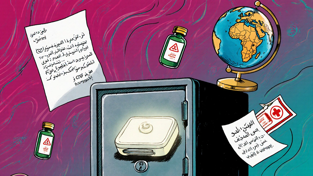 Medication case inside a hotel safe with doctor&#039;s letter and global warning icons, rendered in 1960s psychedelic style.