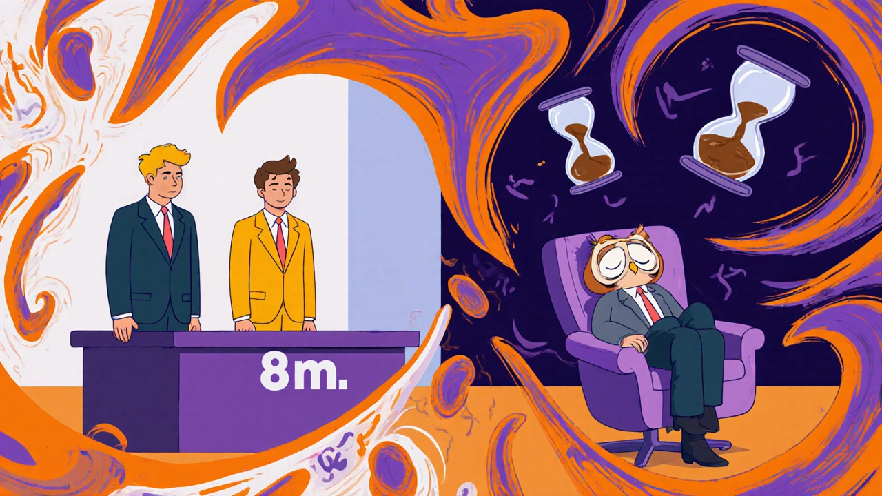 Morning larks alert at a meeting while night owls slump with coffee hourglasses, surrounded by sleep debt swirls.