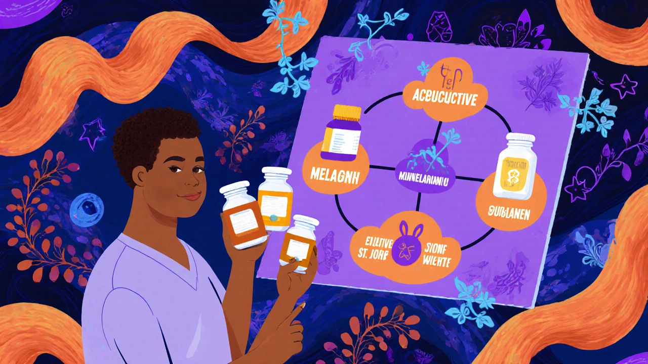 Patient showing medicine bottles while a flowchart of non-drug alternatives blooms like vines around them.