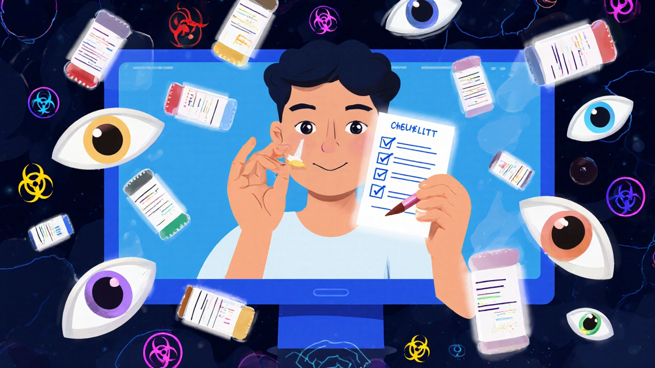 Patient shows pills during telehealth call as digital prescriptions float like fractals around them.