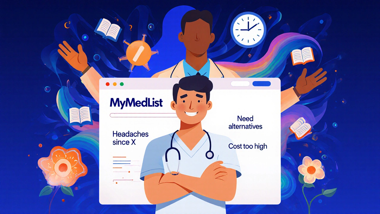 Patient standing before a digital portal with medication concerns, surrounded by symbols of empowerment and change.