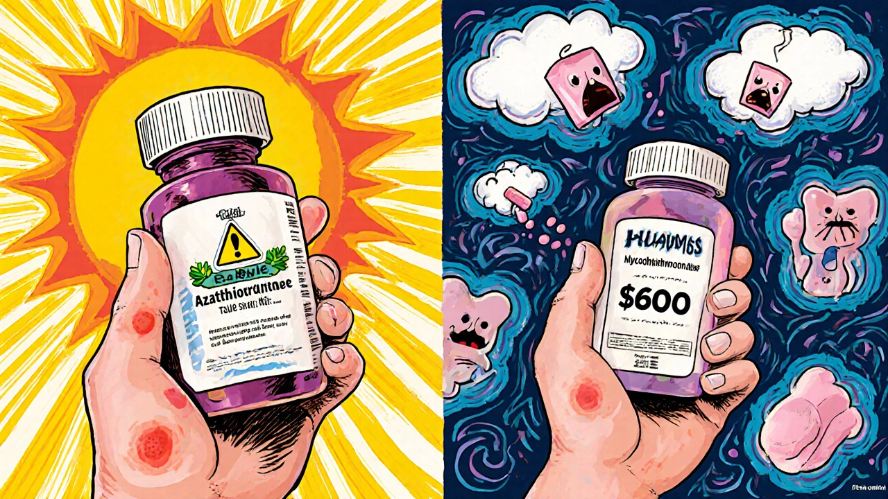 Patient under sun with azathioprine bottle beside another with mycophenolate, surrounded by GI symptom illustrations.