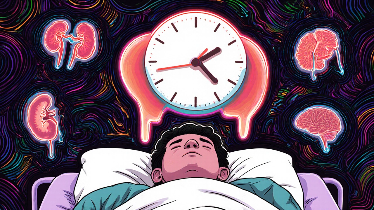 Patient with floating opioid pill and melting clock, representing extended drug half-life in liver disease.