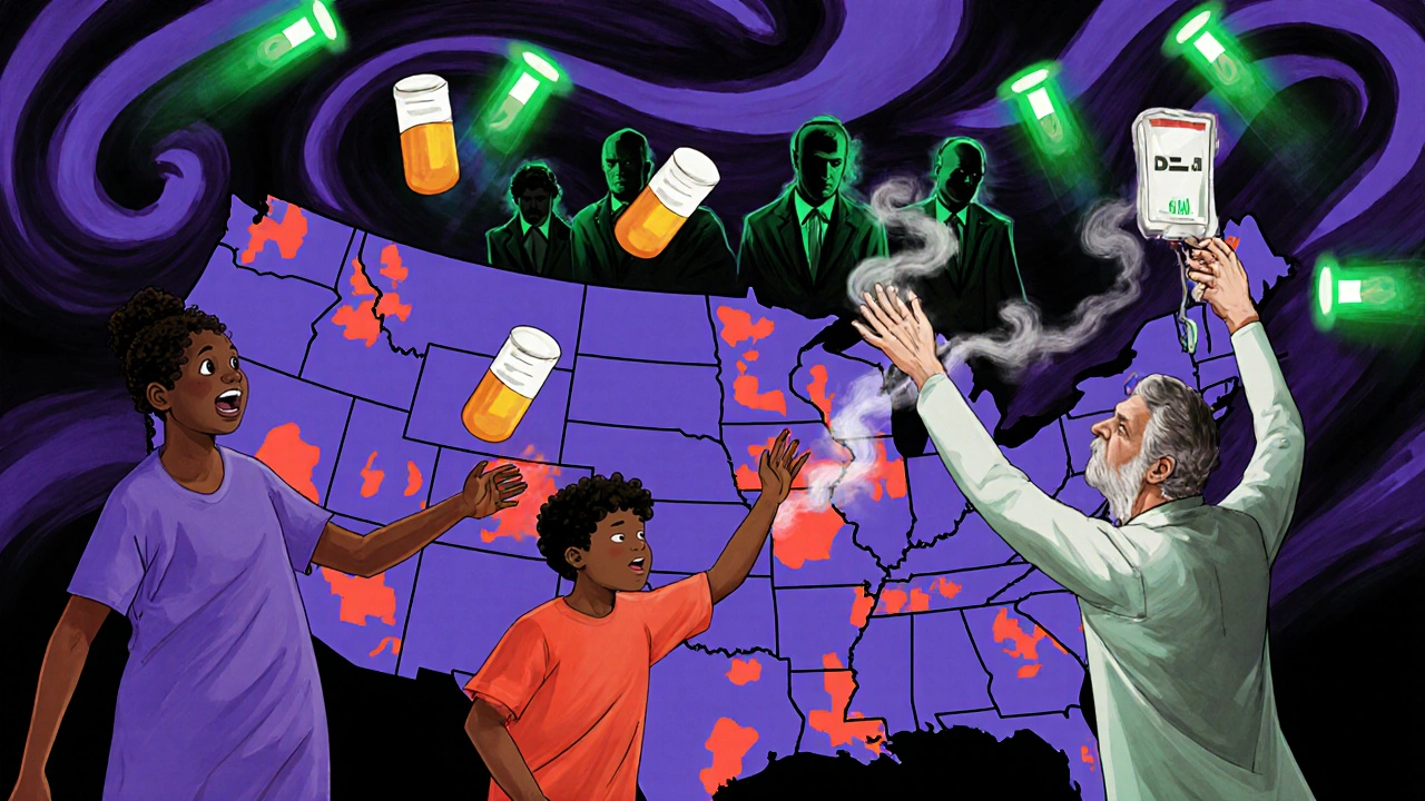 Patients reach for dissolving drug vials above a map of vulnerable manufacturing zones, with a pharmacist holding the last IV bag.