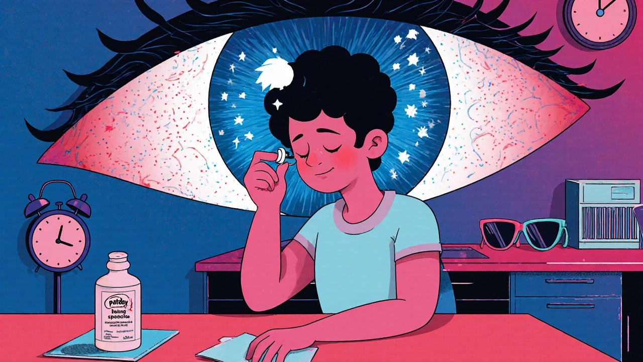 Person applying eye drop with glowing eye showing relief and pollen dissolving