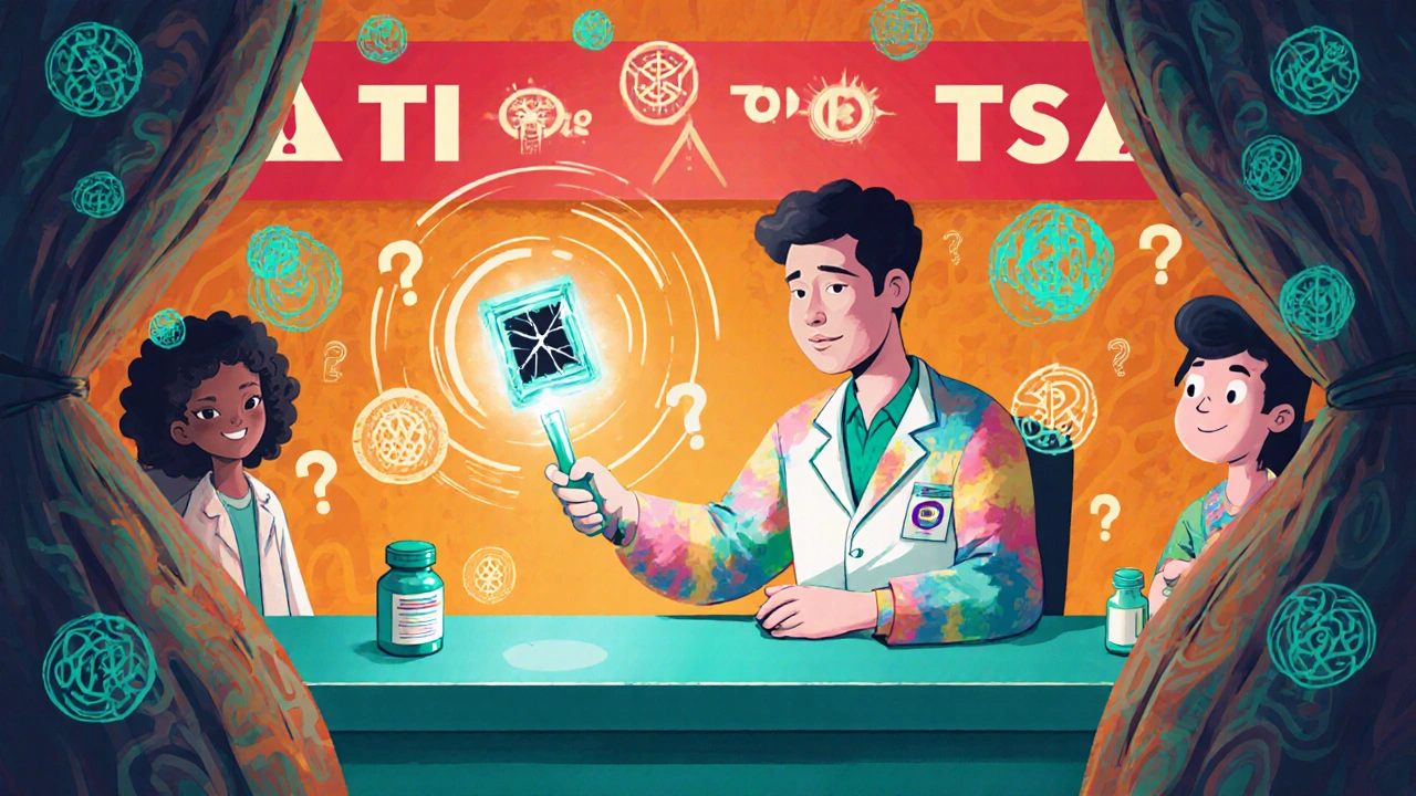 Pharmacist scanning a pill bottle while a fake drug hovers with warning symbols above the counter.